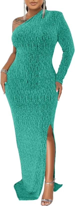 Women's Formal Dresses Elegant Long Sleeve Evening Party Dress Sexy One Shoulder High Split Cocktail Gowns