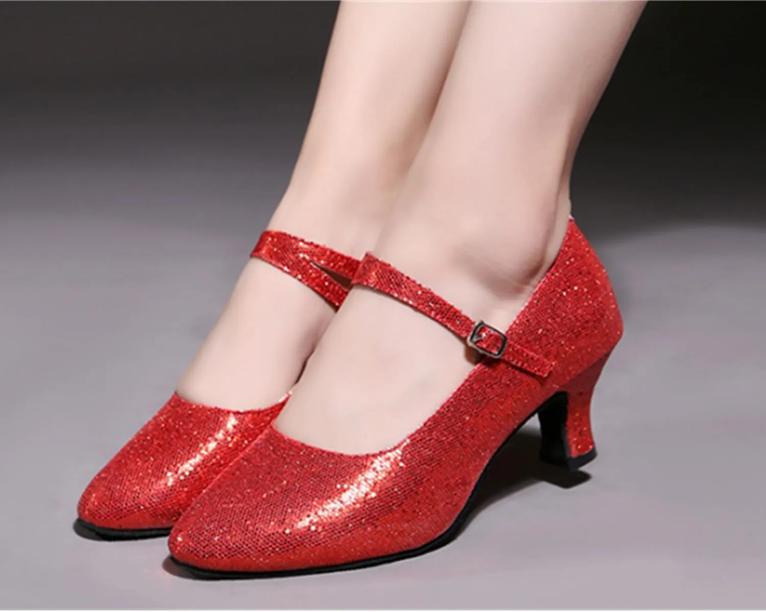 Women's Glitter Leather Latin Ballroom Dance Shoes Closed Toe Y Strap Cowhide Sole Dancing Heels Salsa, Party Dress Shoes Low Heels, Ankle Strap Pumps