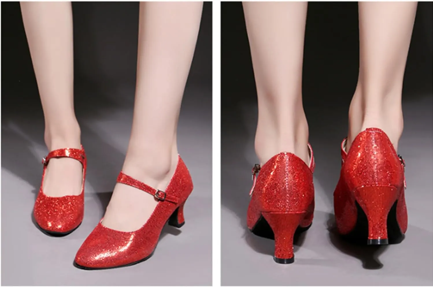Women's Glitter Leather Latin Ballroom Dance Shoes Closed Toe Y Strap Cowhide Sole Dancing Heels Salsa, Party Dress Shoes Low Heels, Ankle Strap Pumps