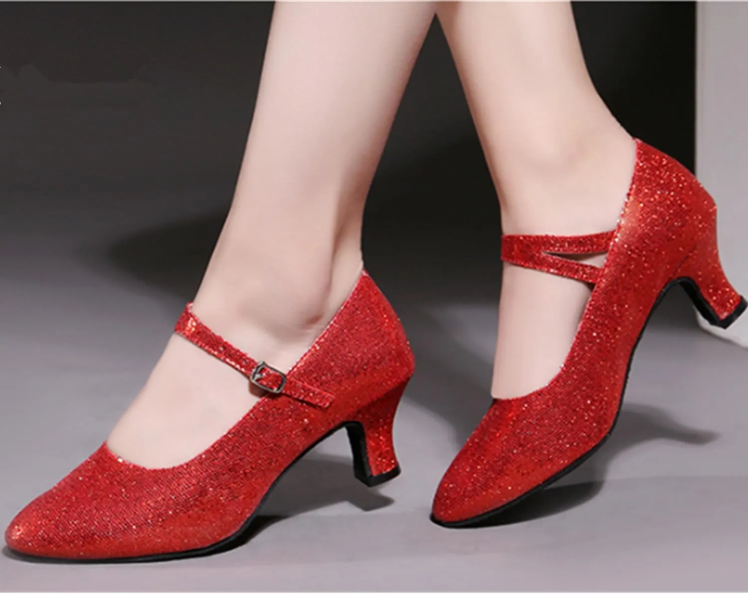 Women's Glitter Leather Latin Ballroom Dance Shoes Closed Toe Y Strap Cowhide Sole Dancing Heels Salsa, Party Dress Shoes Low Heels, Ankle Strap Pumps