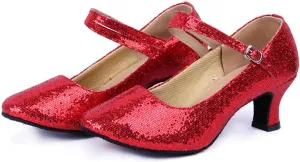 Women's Glitter Leather Latin Ballroom Dance Shoes Closed Toe Y Strap Cowhide Sole Dancing Heels Salsa, Party Dress Shoes Low Heels, Ankle Strap Pumps