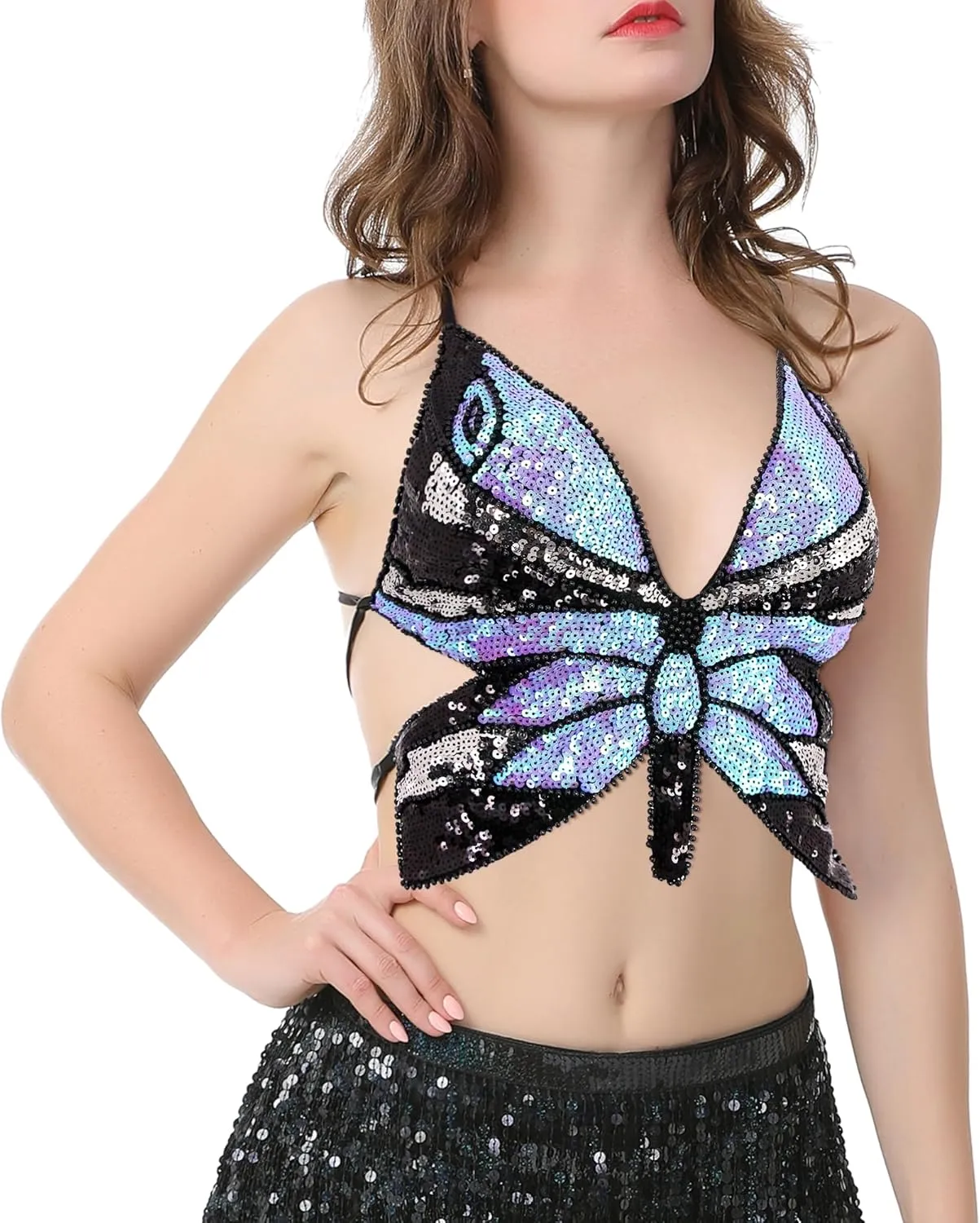Womens Indian Belly Dance Costumes Performance Outfits Butterfly Bandage Padded Bra Sequin Pearl Embroidery Tank Top