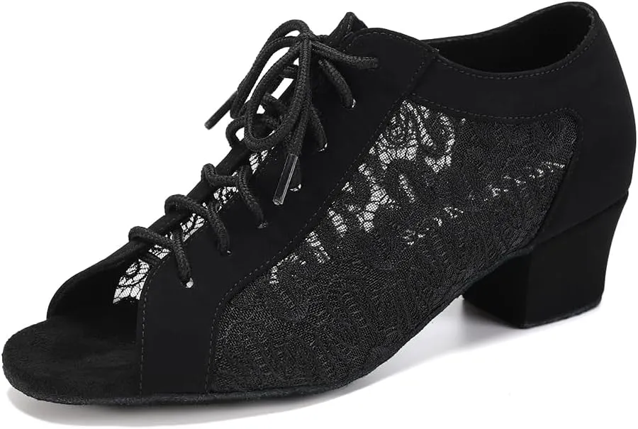 Women's Lace-up Ballroom Latin Dance Shoes Peep Toe Salsa Tango Dance Practice Shoes Low Heel