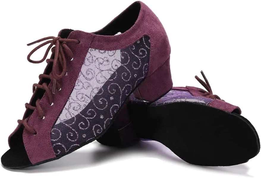 Women's Lace-up Ballroom Latin Dance Shoes Peep Toe Salsa Tango Dance Practice Shoes Low Heel