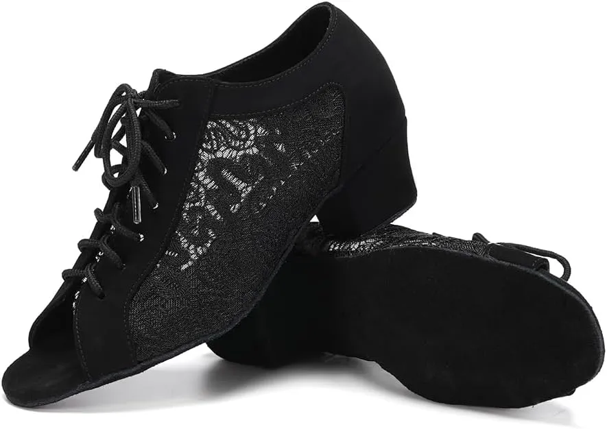 Women's Lace-up Ballroom Latin Dance Shoes Peep Toe Salsa Tango Dance Practice Shoes Low Heel