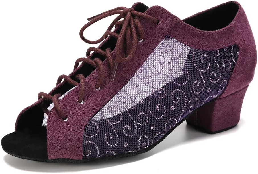 Women's Lace-up Ballroom Latin Dance Shoes Peep Toe Salsa Tango Dance Practice Shoes Low Heel