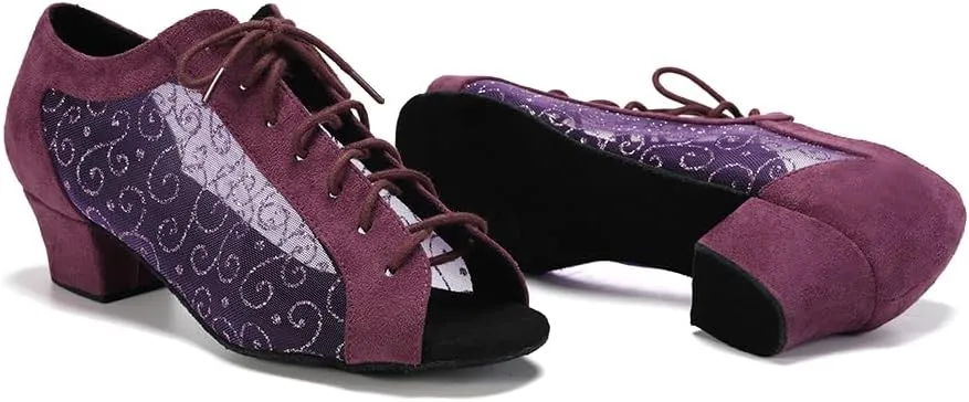 Women's Lace-up Ballroom Latin Dance Shoes Peep Toe Salsa Tango Dance Practice Shoes Low Heel