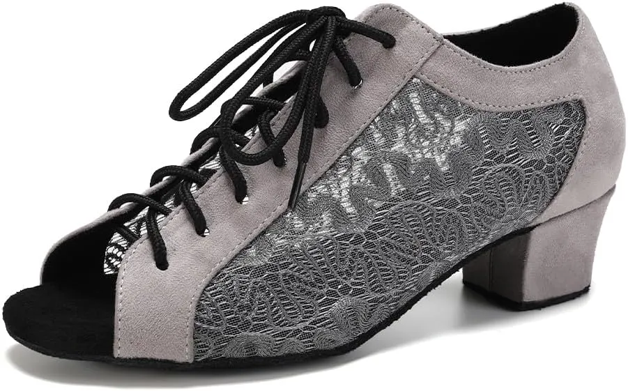 Women's Lace-up Latin Dance Shoes Low Heel Open Toe Ballroom Salsa Dance Practice Shoes Suede Sole