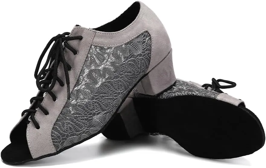 Women's Lace-up Latin Dance Shoes Low Heel Open Toe Ballroom Salsa Dance Practice Shoes Suede Sole