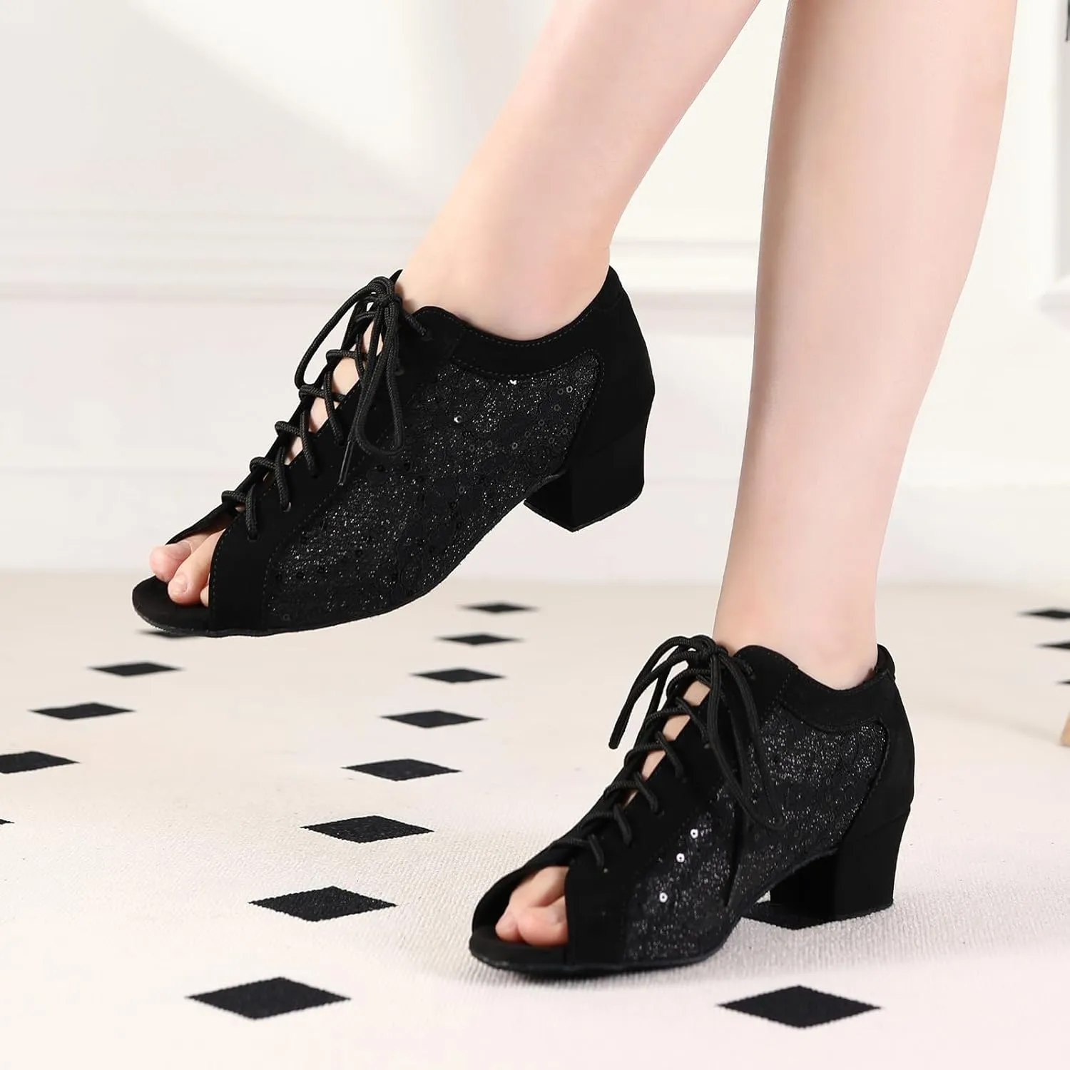 Women's Latin Dance Practice Shoes with Lace-up Peep Toe Ballroom Salsa Tango Dancing Shoes Low Heel