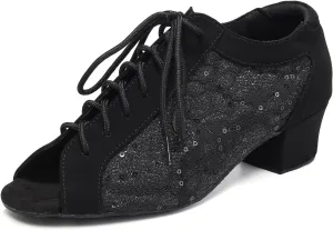 Women's Latin Dance Practice Shoes with Lace-up Peep Toe Ballroom Salsa Tango Dancing Shoes Low Heel