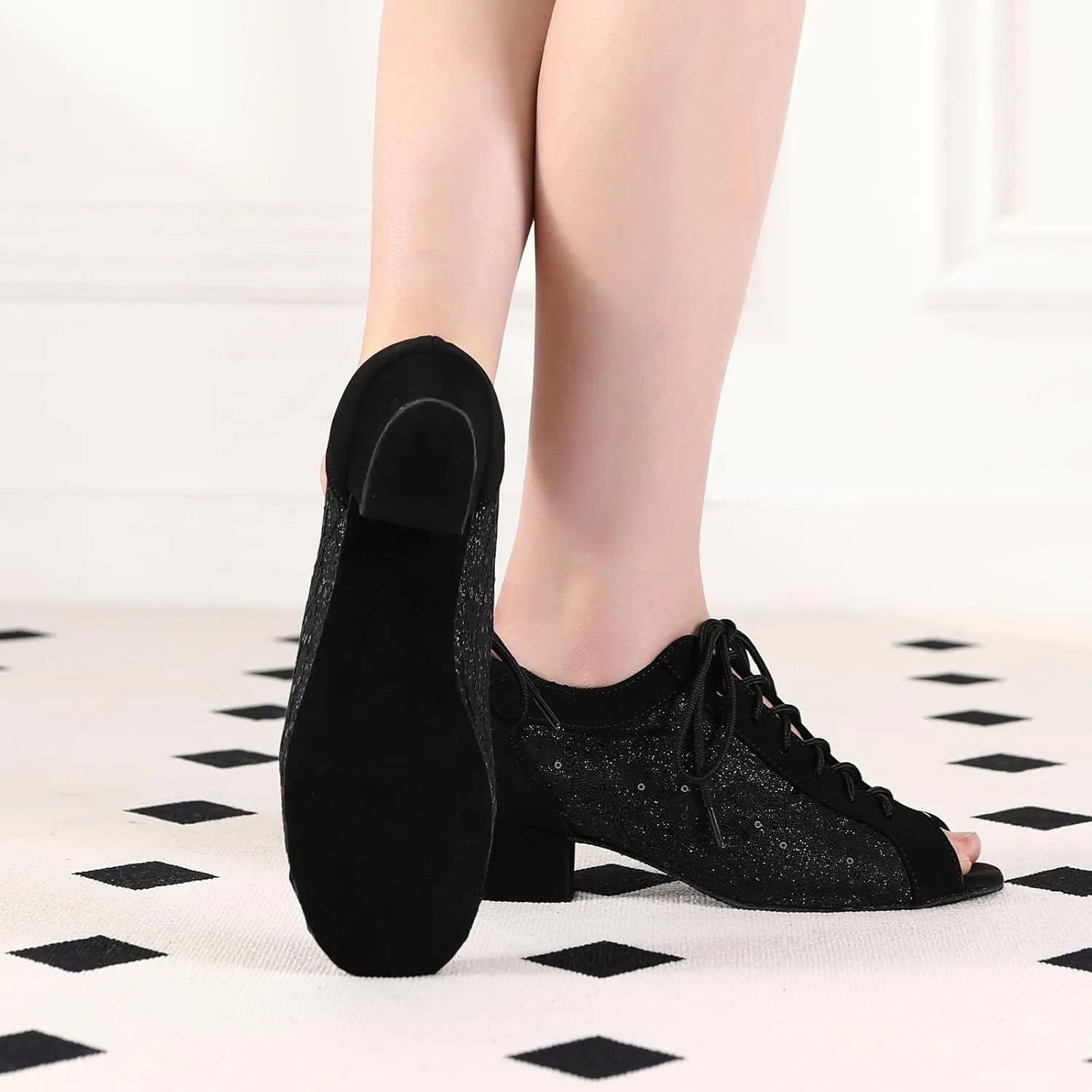 Women's Latin Dance Practice Shoes with Lace-up Peep Toe Ballroom Salsa Tango Dancing Shoes Low Heel