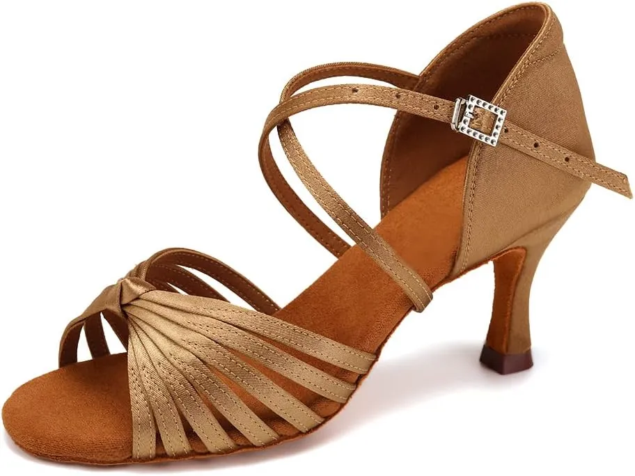 Women's Latin Dance Shoes Satin Open Toe Professional Ballroom Salsa Practice Performance Dancing Shoes Suede Sole