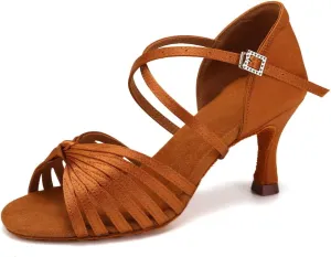 Women's Latin Dance Shoes Satin Open Toe Professional Ballroom Salsa Practice Performance Dancing Shoes Suede Sole