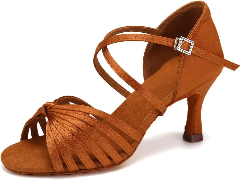Women's Latin Dance Shoes Satin Open Toe Professional Ballroom Salsa Practice Performance Dancing Shoes Suede Sole