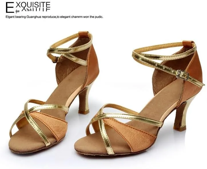 Women's Latin Dance Shoes Satin Professional Ballroom Salsa Practice Performance Dance Shoes,Adjustable Crisscross Ankle Straps Match Quick Release Buckle.