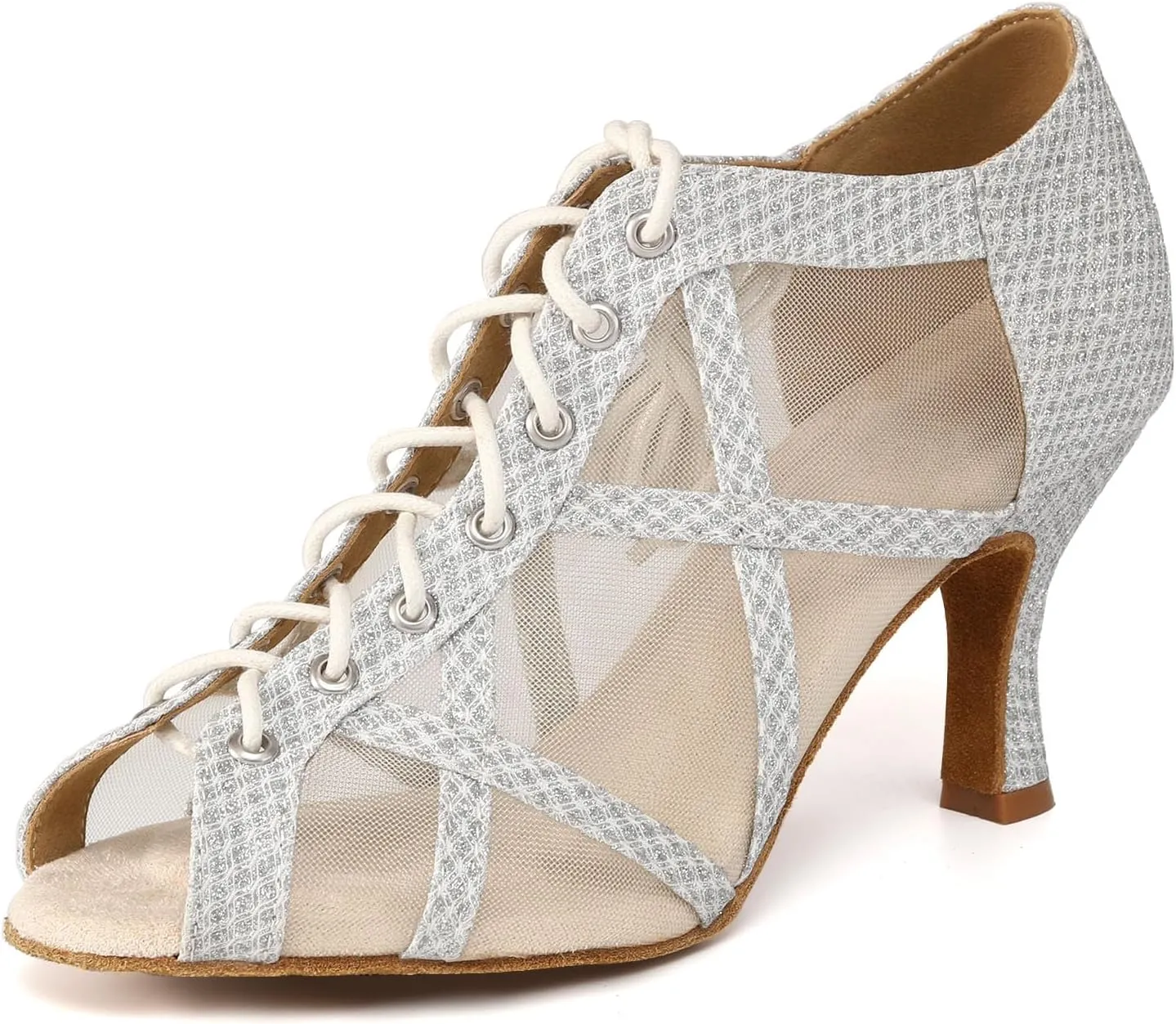 Women's Latin Salsa Dance Shoes Lace-up Ankle Boots Open-Toe Wedding Party Practice Ballroom Dancing Heels, Model QRX-X526