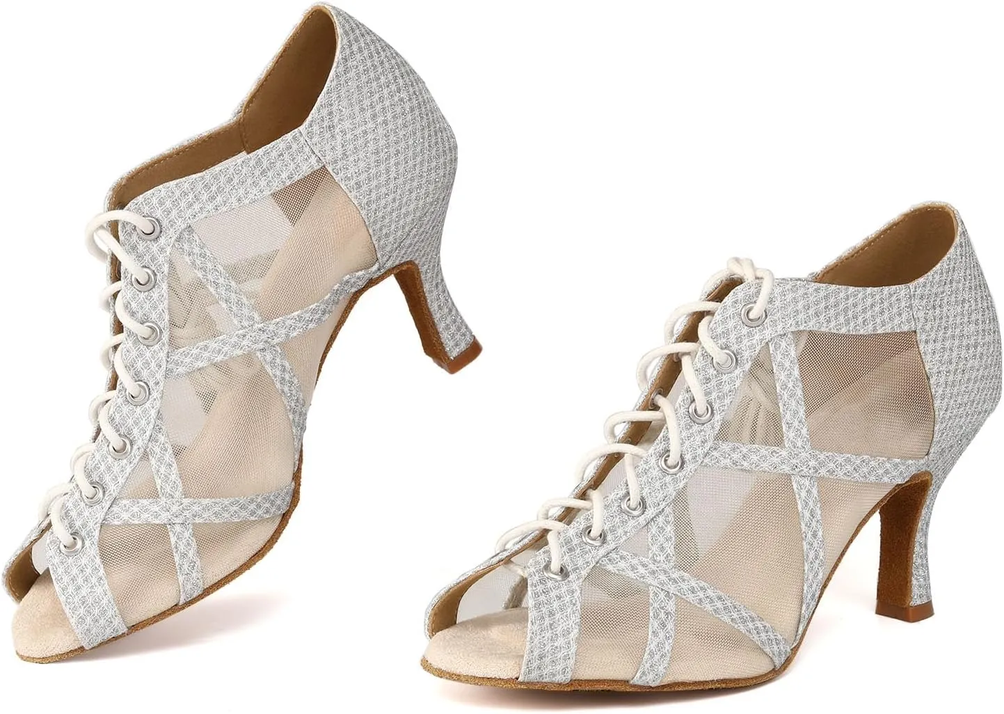 Women's Latin Salsa Dance Shoes Lace-up Ankle Boots Open-Toe Wedding Party Practice Ballroom Dancing Heels, Model QRX-X526