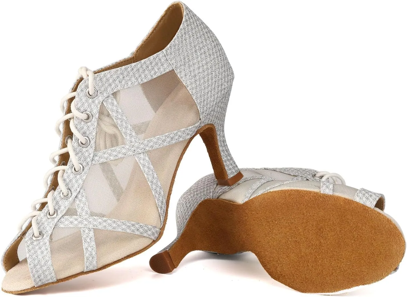 Women's Latin Salsa Dance Shoes Lace-up Ankle Boots Open-Toe Wedding Party Practice Ballroom Dancing Heels, Model QRX-X526