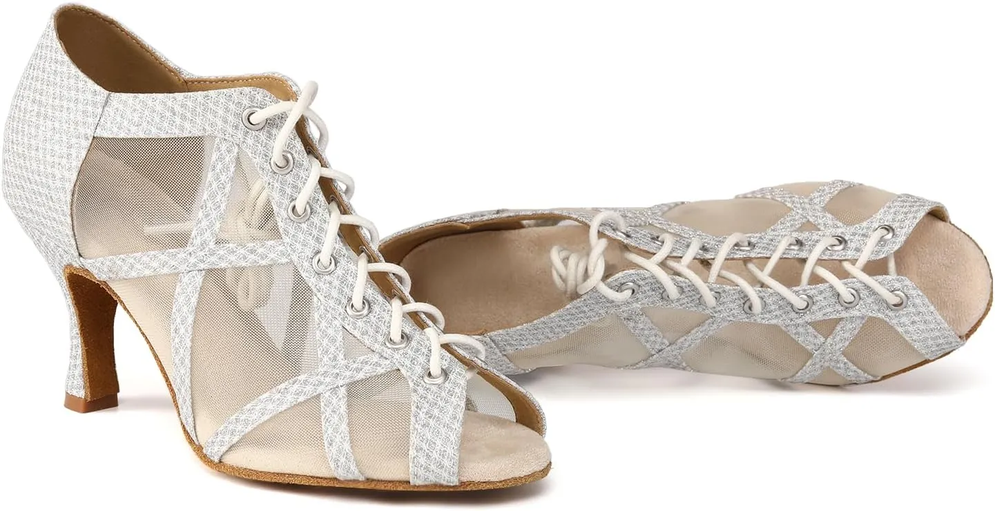 Women's Latin Salsa Dance Shoes Lace-up Ankle Boots Open-Toe Wedding Party Practice Ballroom Dancing Heels, Model QRX-X526