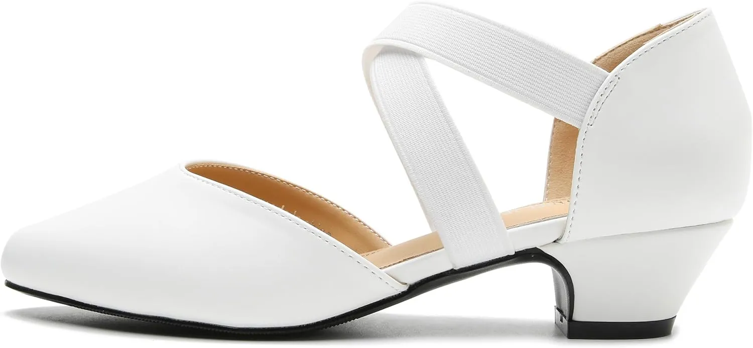 Women's Low Chunky Heel Pumps Elastic Crisscross Strap Pull On Dress Dance Shoes