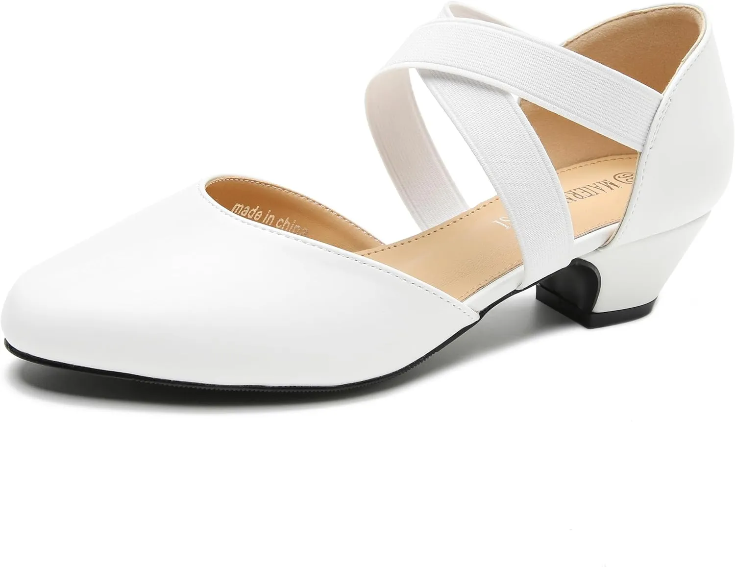 Women's Low Chunky Heel Pumps Elastic Crisscross Strap Pull On Dress Dance Shoes
