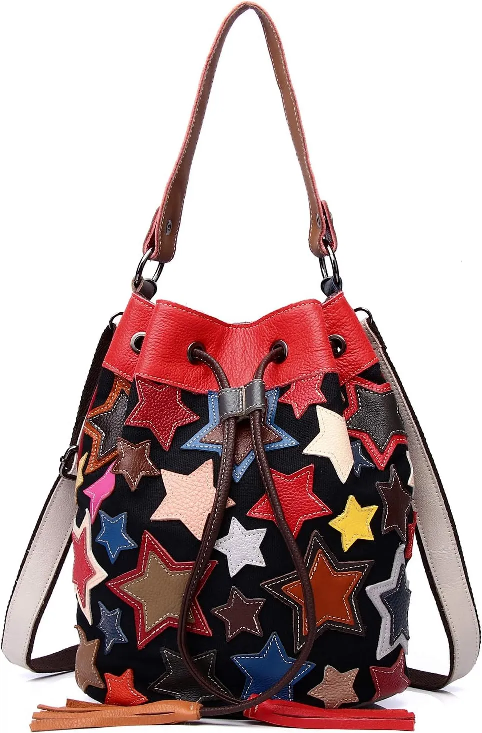 Women’s Multicolor Drawstring Bucket Bag Leather Colorful Star Stitching Handbag