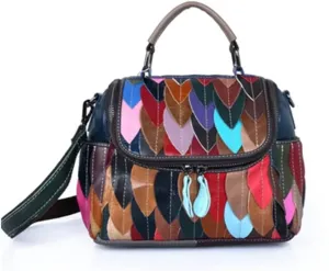 Women’s Multicolor Handbag Leather Purses Colorful Leaves Stitching Shoulder Bag