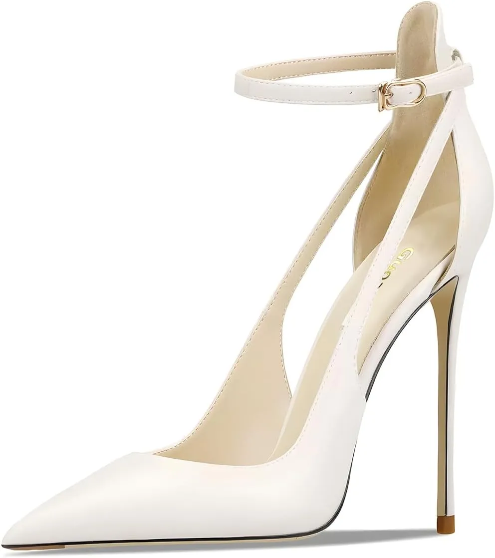 Women's Pointed 3.9 Inch Ankle Strap High Heels Hollow Pumps Wedding Party Dance Dinner Shoes