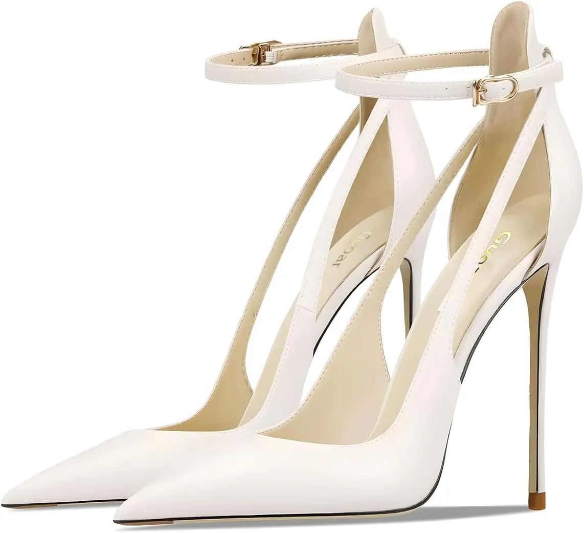 Women's Pointed 3.9 Inch Ankle Strap High Heels Hollow Pumps Wedding Party Dance Dinner Shoes