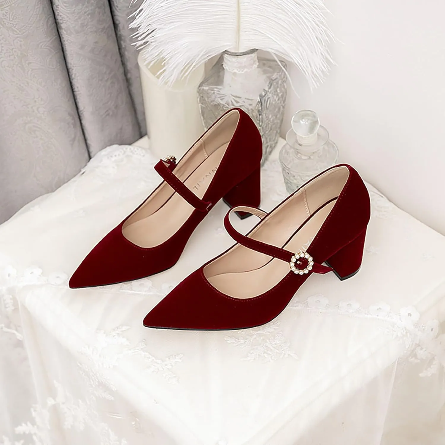 Women's Pointed Toe High Block Heel Mary Janes Fashion Pearl Adjustable Ankle Strap Comfort Mid Chunky Pumps Bridal Wedding Party Heel Dress Shoes