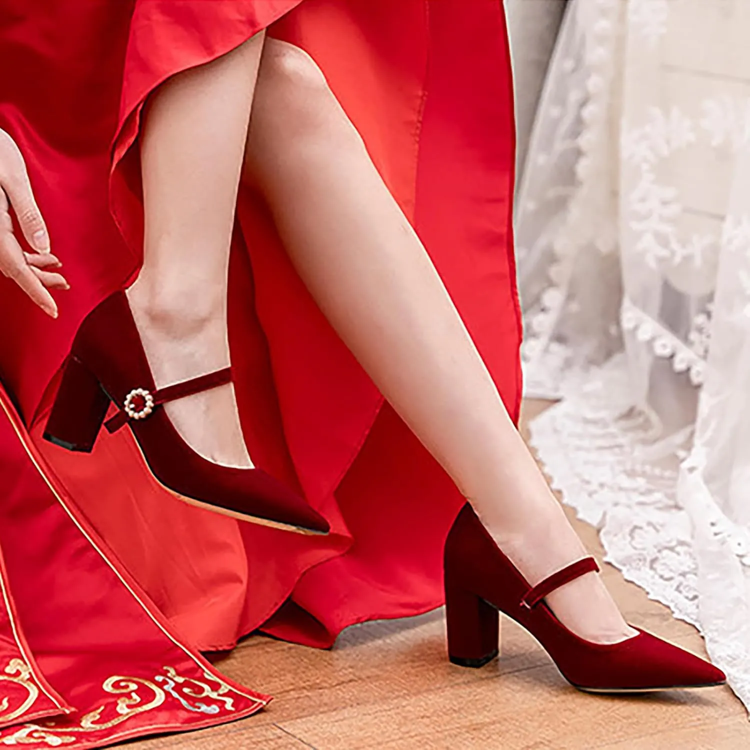 Women's Pointed Toe High Block Heel Mary Janes Fashion Pearl Adjustable Ankle Strap Comfort Mid Chunky Pumps Bridal Wedding Party Heel Dress Shoes