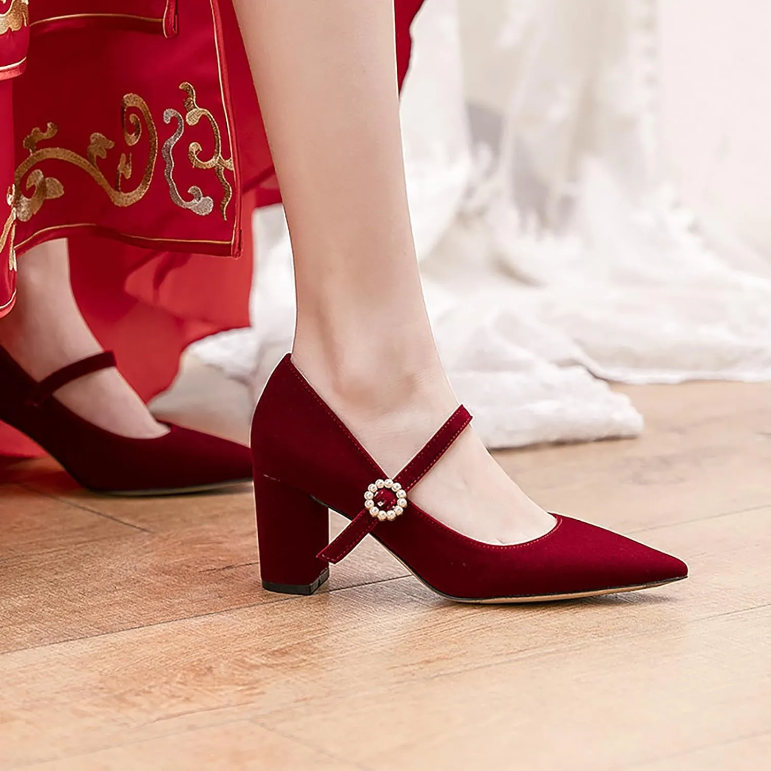 Women's Pointed Toe High Block Heel Mary Janes Fashion Pearl Adjustable Ankle Strap Comfort Mid Chunky Pumps Bridal Wedding Party Heel Dress Shoes