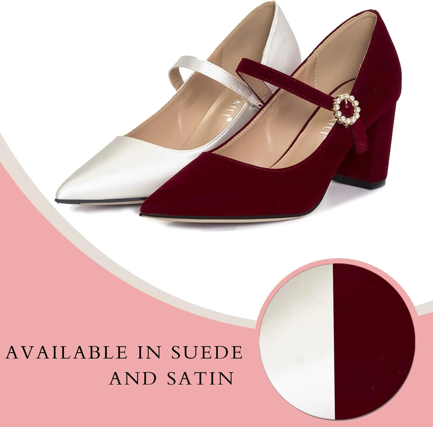 Women's Pointed Toe High Block Heel Mary Janes Fashion Pearl Adjustable Ankle Strap Comfort Mid Chunky Pumps Bridal Wedding Party Heel Dress Shoes