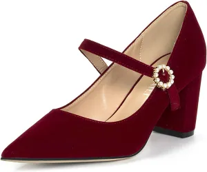 Women's Pointed Toe High Block Heel Mary Janes Fashion Pearl Adjustable Ankle Strap Comfort Mid Chunky Pumps Bridal Wedding Party Heel Dress Shoes