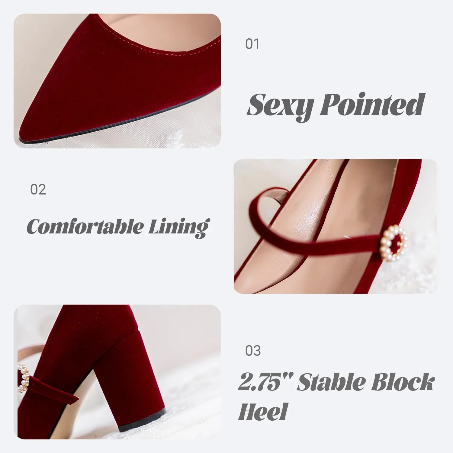Women's Pointed Toe High Block Heel Mary Janes Fashion Pearl Adjustable Ankle Strap Comfort Mid Chunky Pumps Bridal Wedding Party Heel Dress Shoes