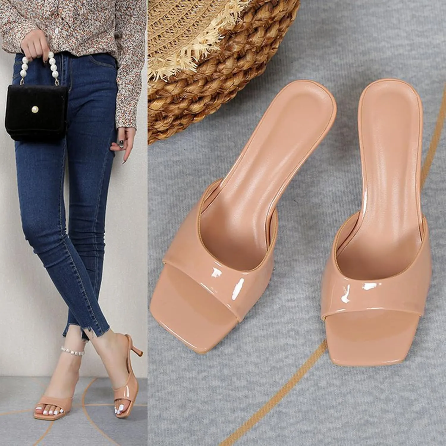 Women's Pu Kitten Heel Fish Mouth Dress Sandals Comfortable Square Open Toe One-Strap Stiletto Backless One-Step Sexy Sandals Suitable for Business Work Party
