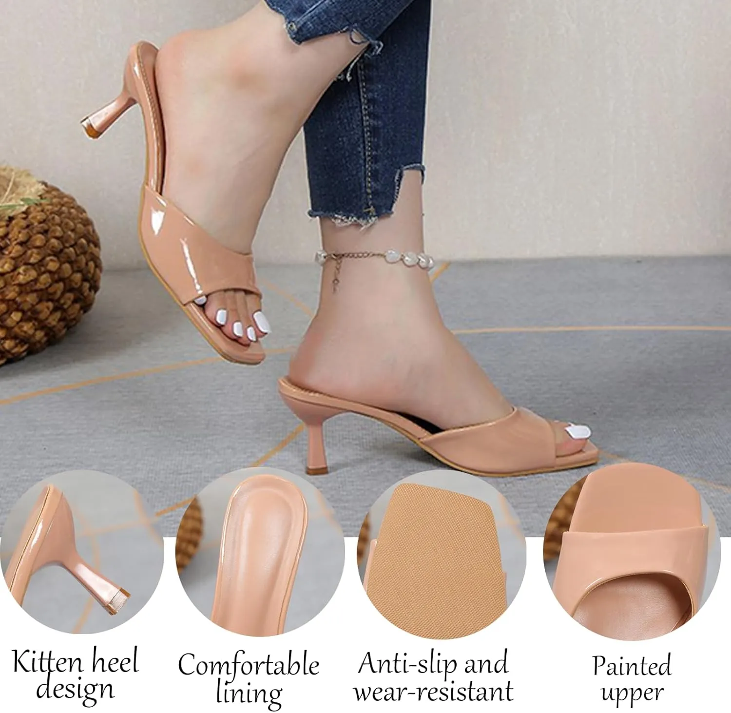 Women's Pu Kitten Heel Fish Mouth Dress Sandals Comfortable Square Open Toe One-Strap Stiletto Backless One-Step Sexy Sandals Suitable for Business Work Party