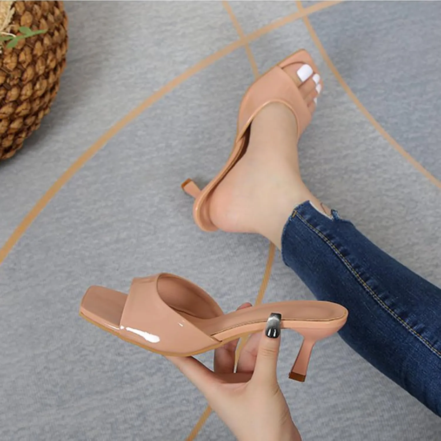 Women's Pu Kitten Heel Fish Mouth Dress Sandals Comfortable Square Open Toe One-Strap Stiletto Backless One-Step Sexy Sandals Suitable for Business Work Party