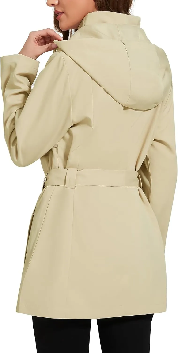 Womens Rain Jacket with Hood, Long Rain Coat for Women Waterproof Trench Coat Lined Windbreaker Fall Jacket