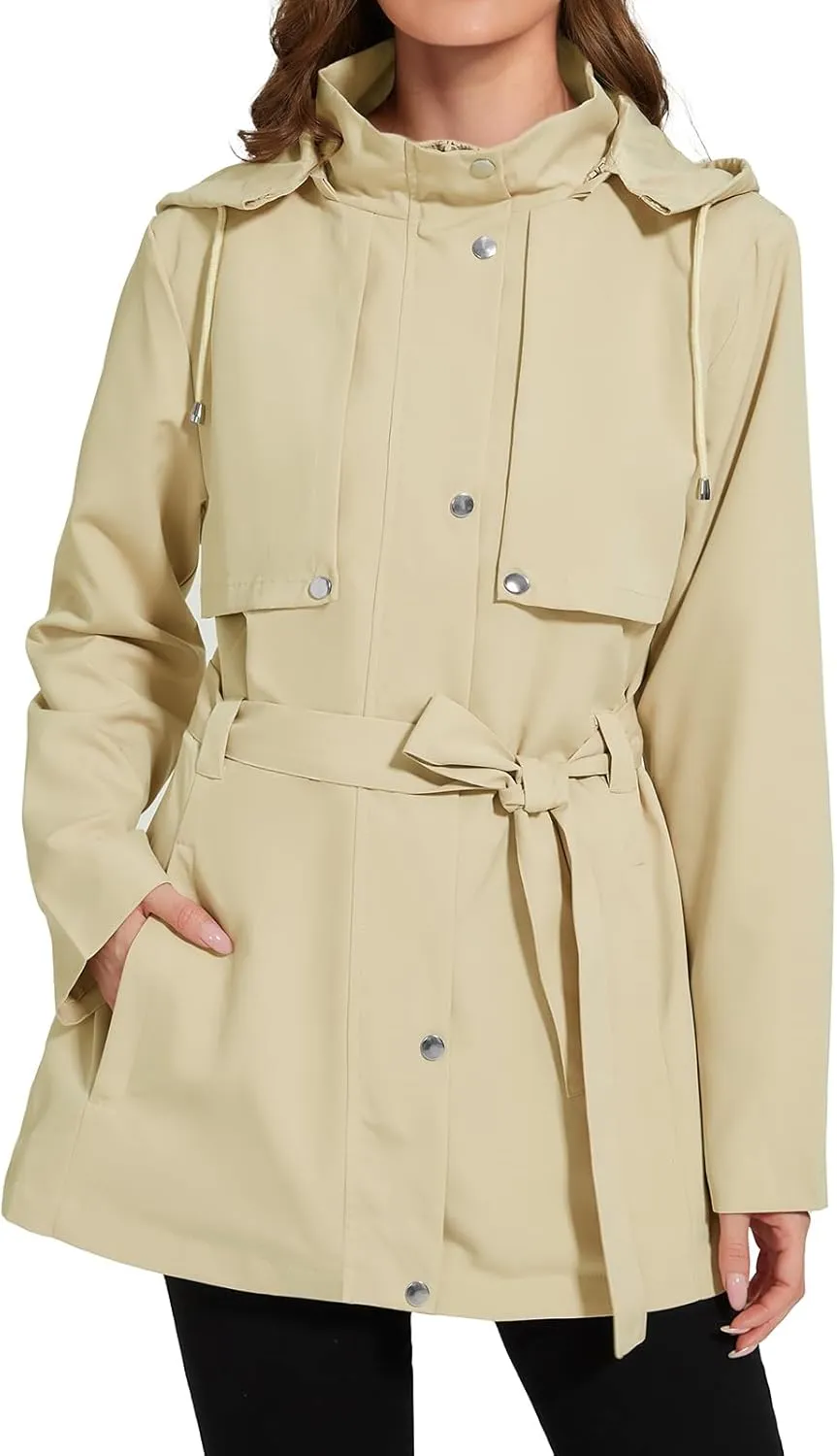 Womens Rain Jacket with Hood, Long Rain Coat for Women Waterproof Trench Coat Lined Windbreaker Fall Jacket