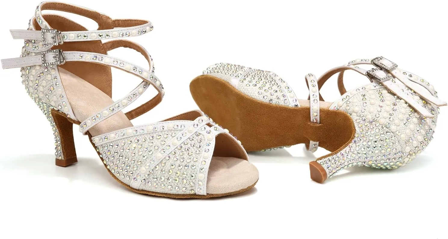 Women's Rhinestone Ballroom Dance Shoes Open Toe Latin Salsa Bachata Performance Dancing Shoes