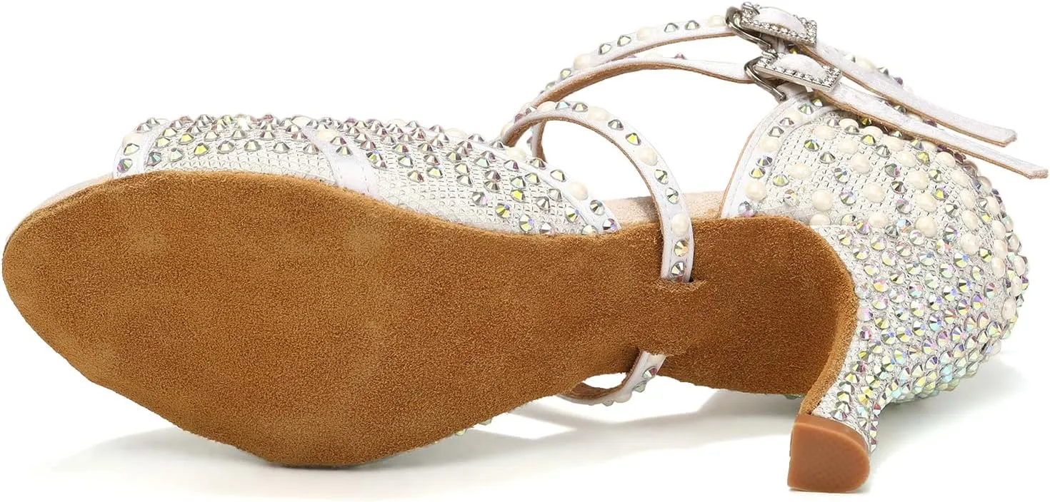 Women's Rhinestone Ballroom Dance Shoes Open Toe Latin Salsa Bachata Performance Dancing Shoes