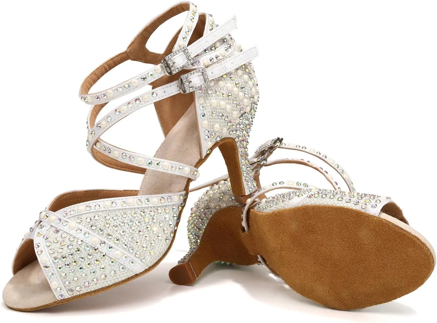 Women's Rhinestone Ballroom Dance Shoes Open Toe Latin Salsa Bachata Performance Dancing Shoes