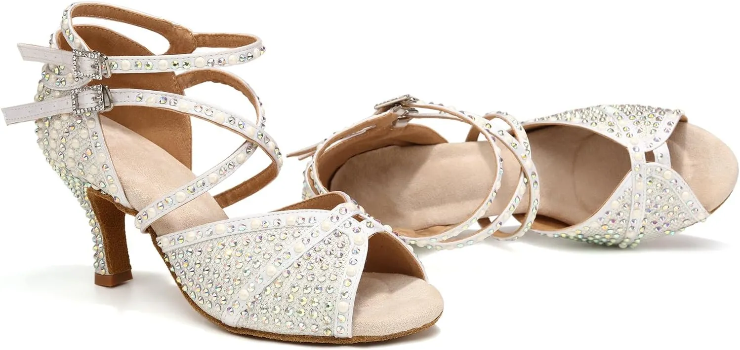 Women's Rhinestone Ballroom Dance Shoes Open Toe Latin Salsa Bachata Performance Dancing Shoes