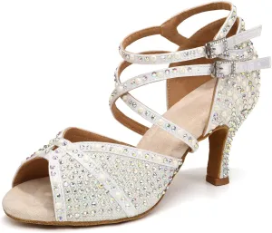Women's Rhinestone Ballroom Dance Shoes Open Toe Latin Salsa Bachata Performance Dancing Shoes