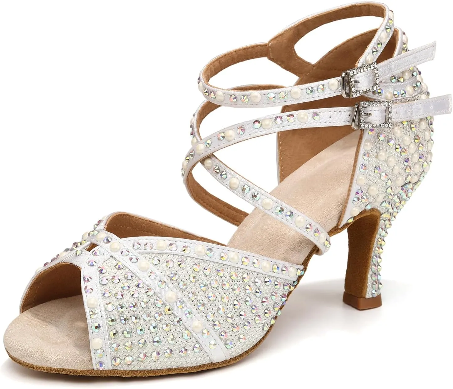 Women's Rhinestone Ballroom Dance Shoes Open Toe Latin Salsa Bachata Performance Dancing Shoes