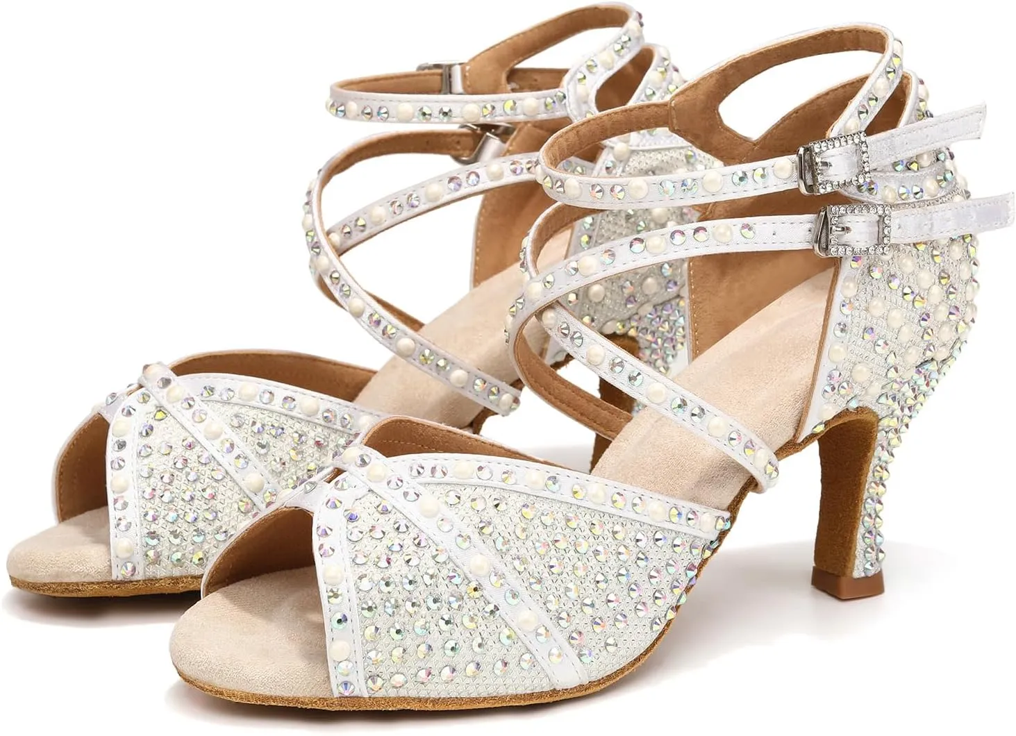 Women's Rhinestone Ballroom Dance Shoes Open Toe Latin Salsa Bachata Performance Dancing Shoes