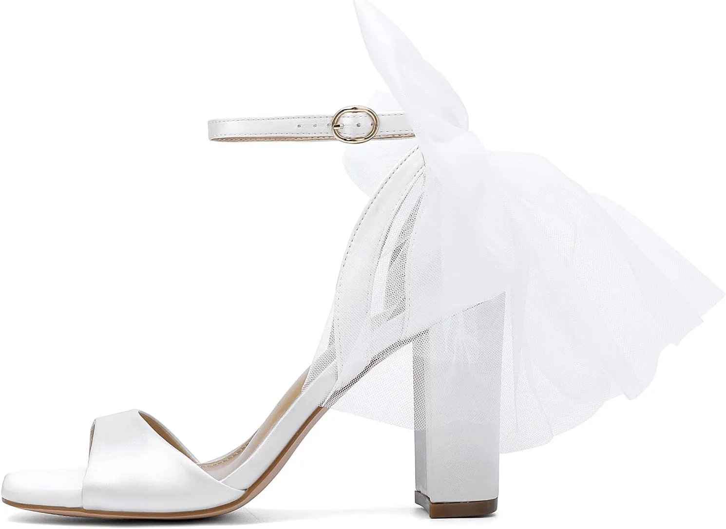 Women's Satin Wedding White Heels with Bow, Block Chunky White Heels,Wedding Shoes for Bride，Womens Dress Shoe