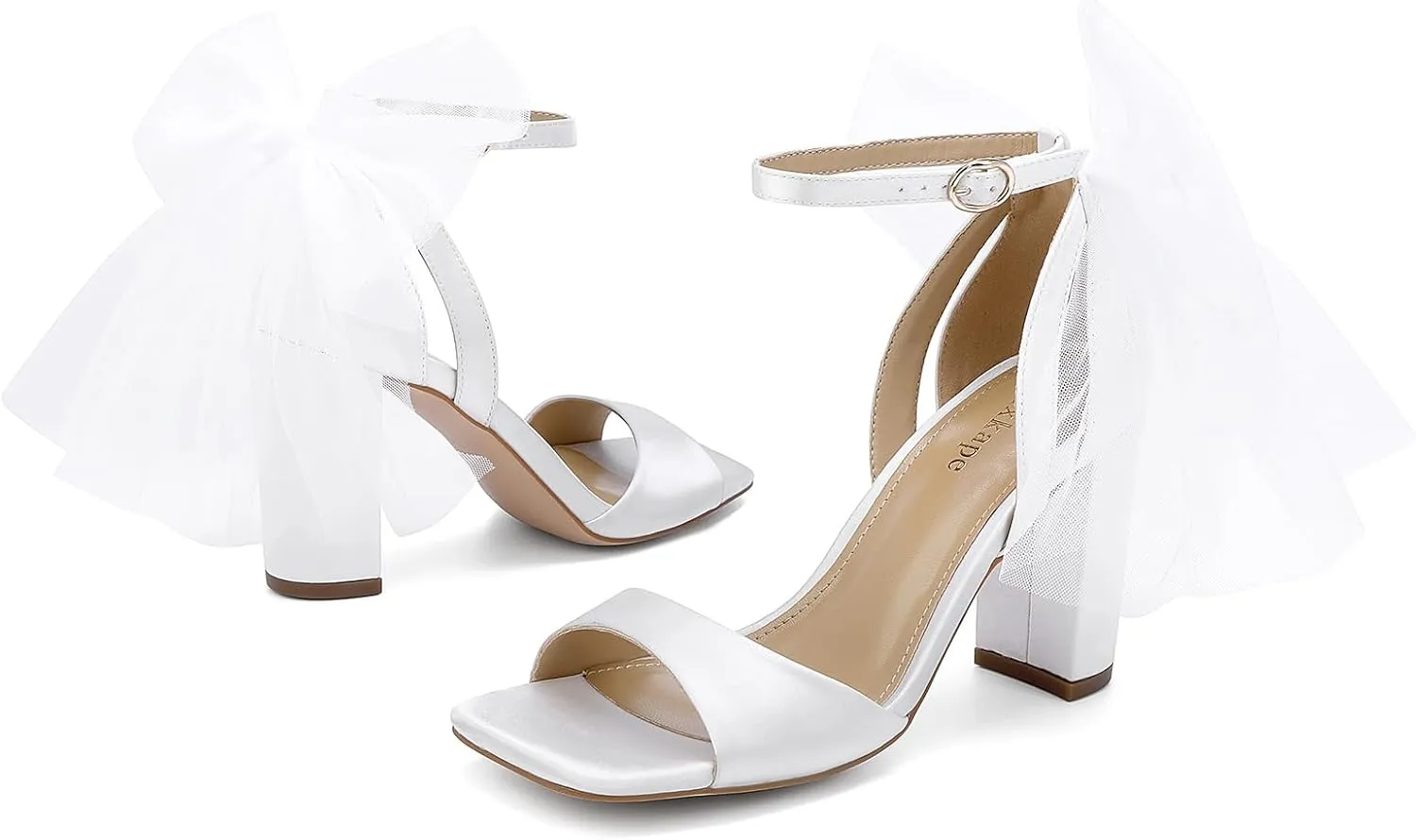 Women's Satin Wedding White Heels with Bow, Block Chunky White Heels,Wedding Shoes for Bride，Womens Dress Shoe